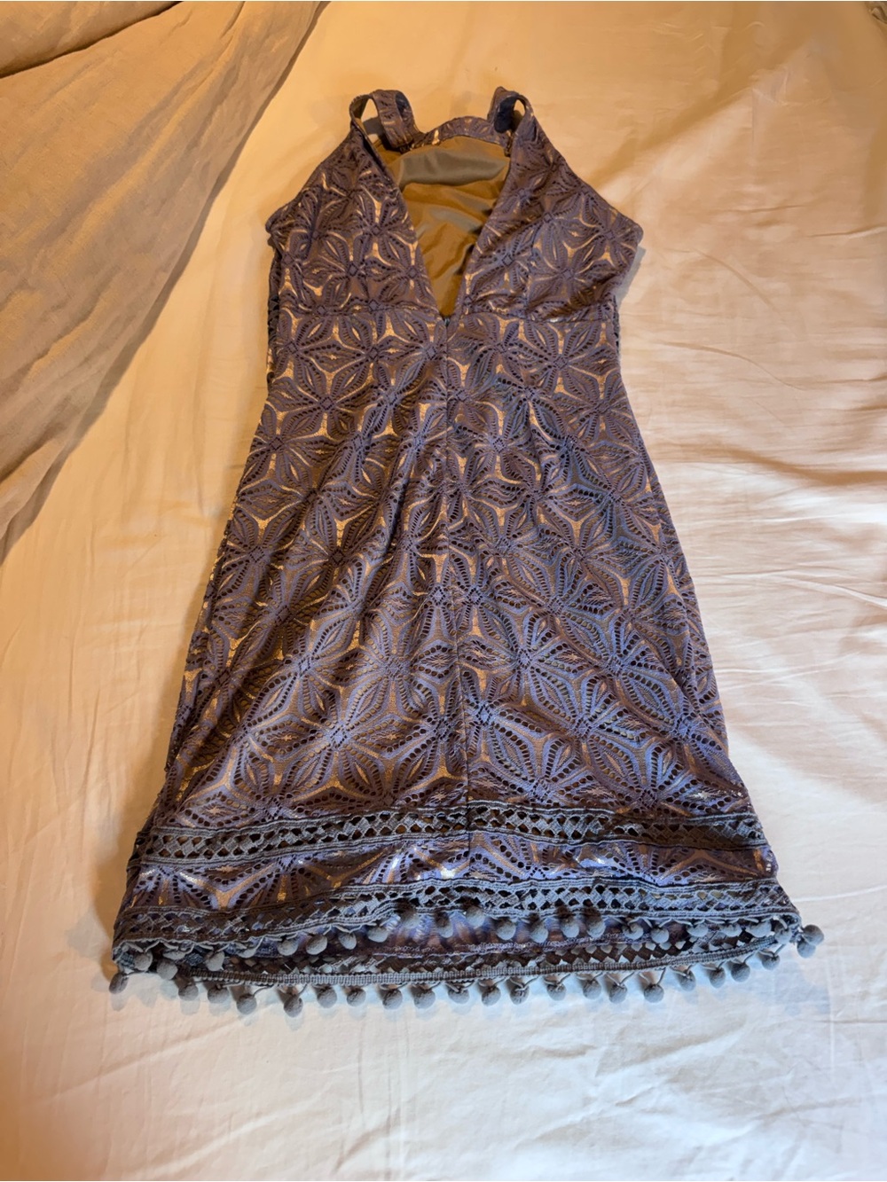Karlie Lavender Lace Mini Dress with Pom-Pom Hem. Size MEDIUM